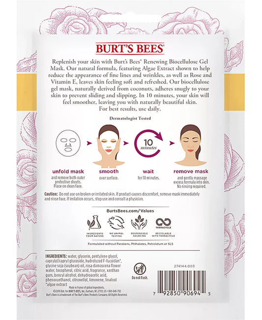 Burt's Bees Renewing Biocellulose Gel Mask With Rose and Algae Extract